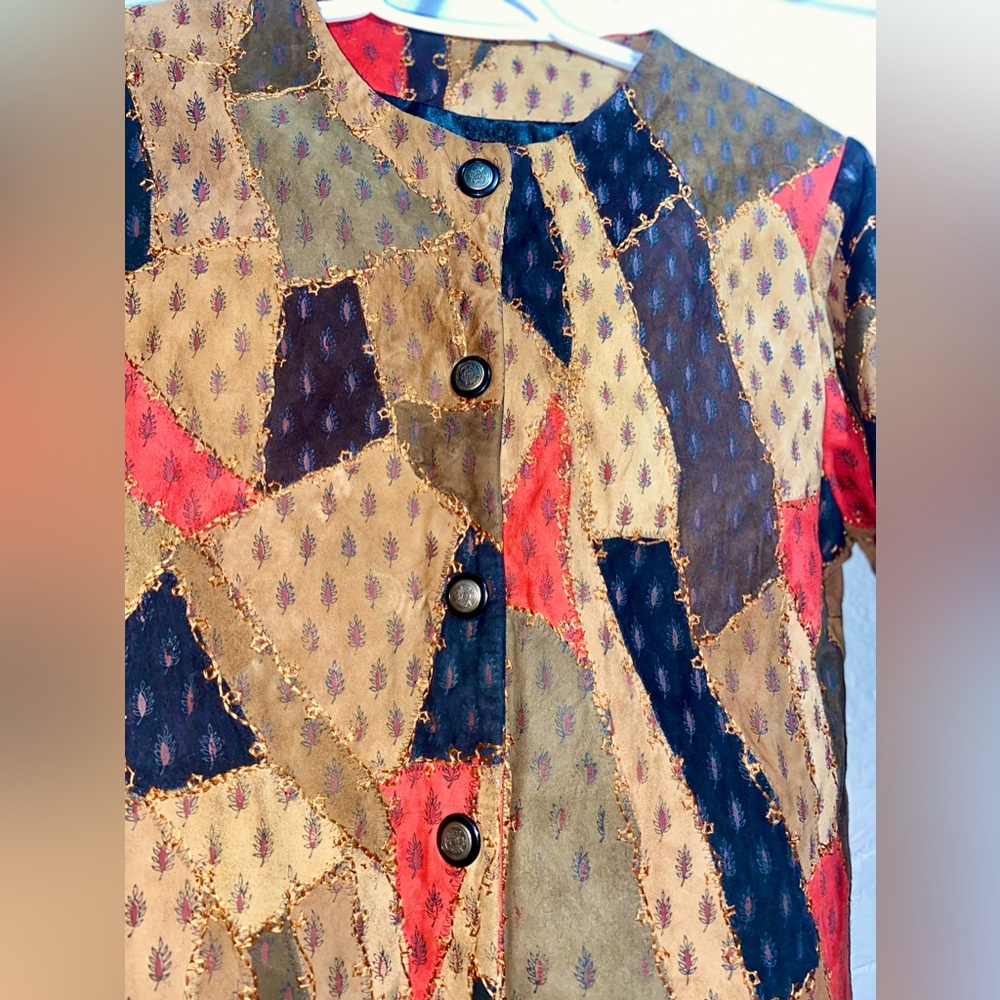 Kroshetta Patchwork Leather Suede Jacket Size Small Vintage Tan/Black/Red - Picture 3 of 7